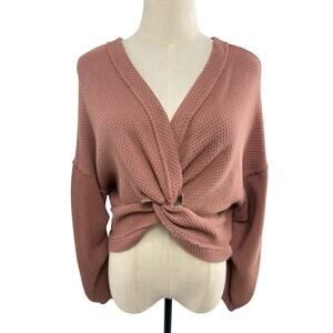 We The Free (Free People) Mauve Textured Knit Crop, Twist Front Top, Size Medium